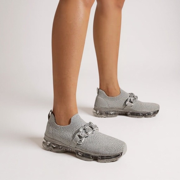 Freewalk Air Cushion Knit Sneakers Gray Slip On Rhinestone Chain Women's Size 10 - Picture 10 of 11